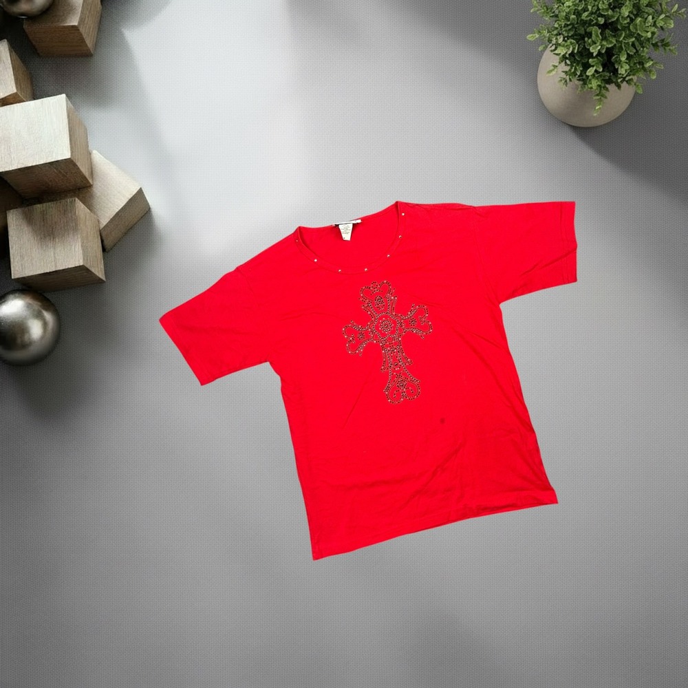 Vintage Get Lucky Red Rhinestone Cross T-Shirt Y2K Mall Goth Studded Neck Size M